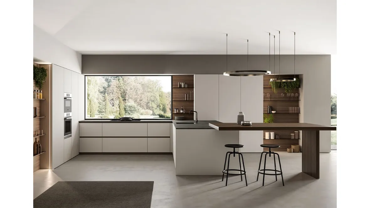 Cucina Moderna angolare laccato opaco Nebbia con penisola in Eucalipto Noce Time di Arredo3