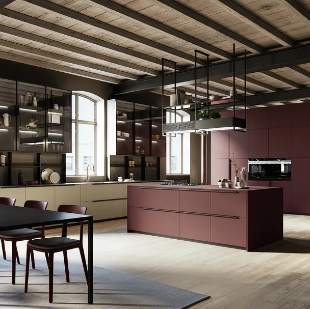 Cucina Moderna con isola Tratto 10 in Pet riciclato e piano in laminato speciale Fenix rosso Jaipur di Arredo3