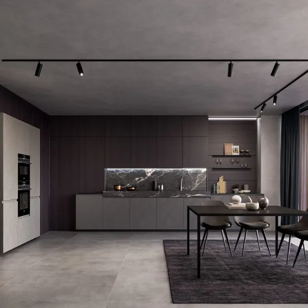 Cucina Moderna lineare in laminato Resina Cromo e impiallacciato Coke con top in ceramica effetto Marmo Nero rigato Wega di Arredo3