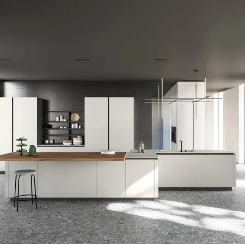 Cucina Moderna con isola finitura Fenix Grigio Efeso con piano tavolo in nobilitato Noce naturale Zafferano 05 di Valdesign